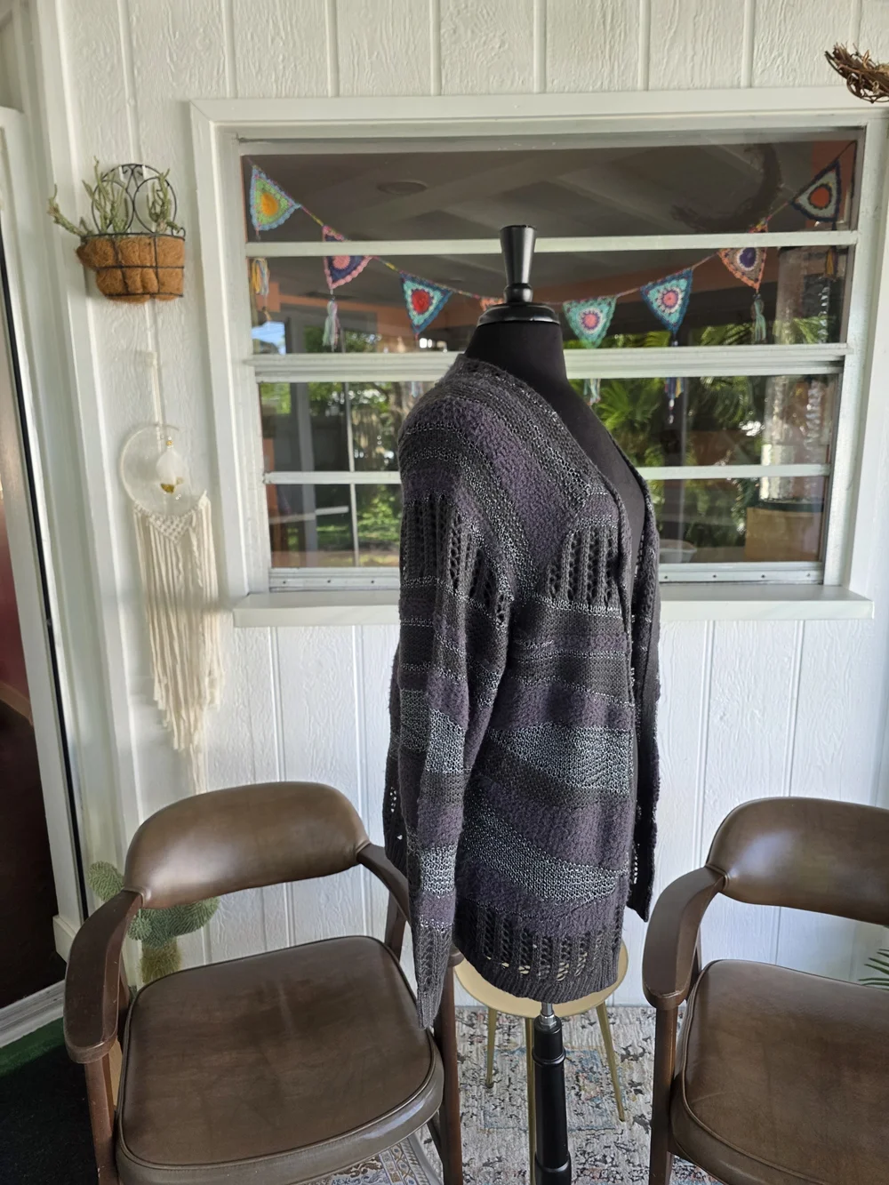 Free People XS Rare Woven Open-Front Textured Knit Cardigan Charcoal Gray